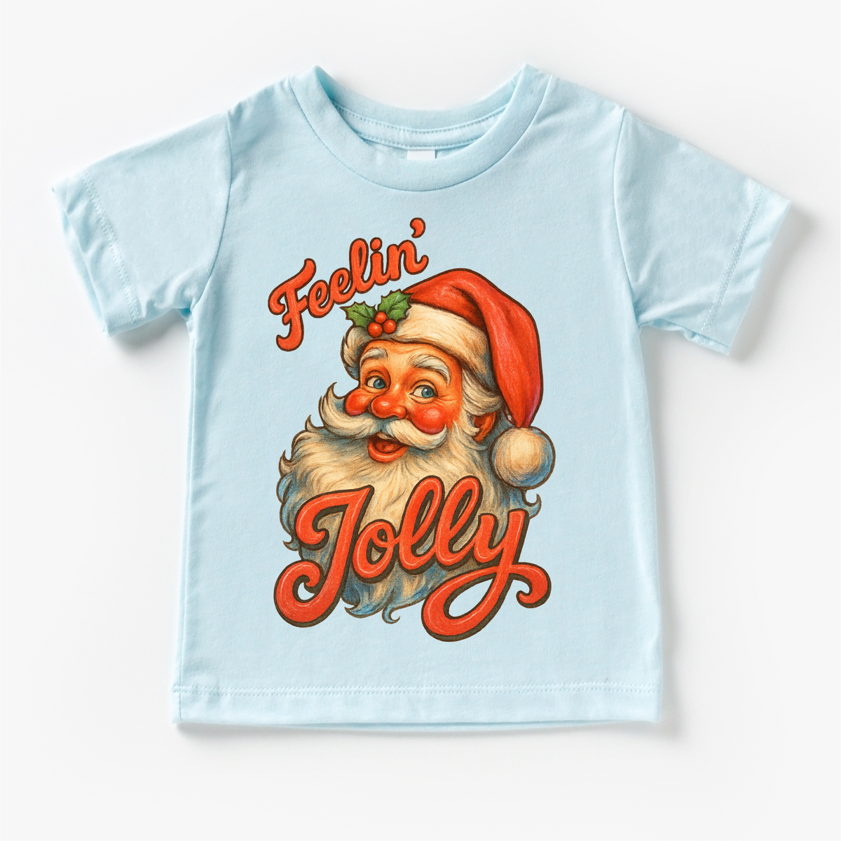Feelin' Jolly Santa Christmas design on a blue garment.