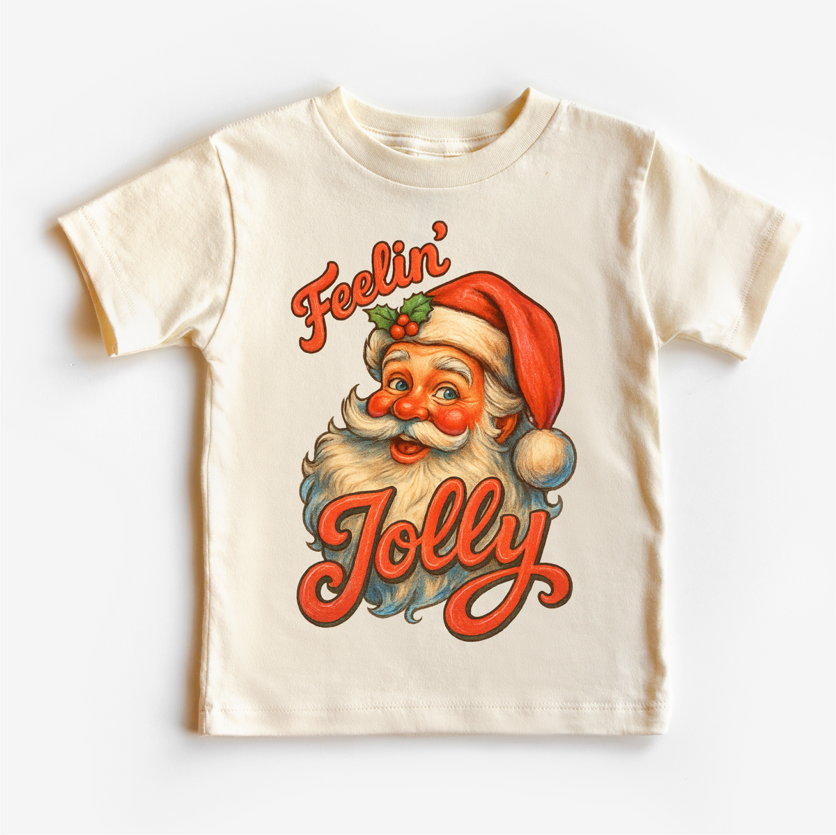 Feelin' Jolly Santa Christmas design on a natural garment.