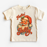 Feelin' Jolly Santa Christmas design on a natural garment.