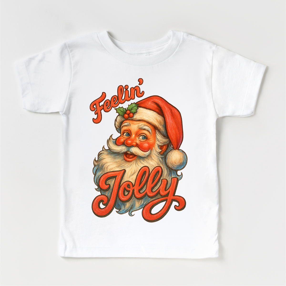 Feelin' Jolly Santa Christmas design on a white garment.