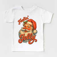 Feelin' Jolly Santa Christmas design on a white garment.