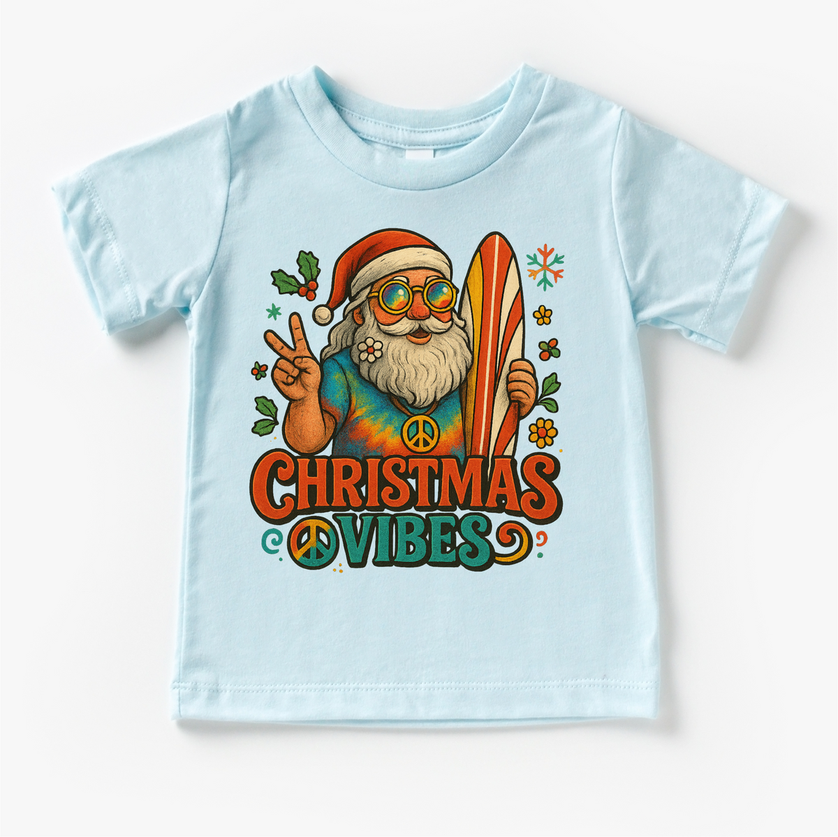 Christmas Vibes Surfing Santa design on a blue garment.