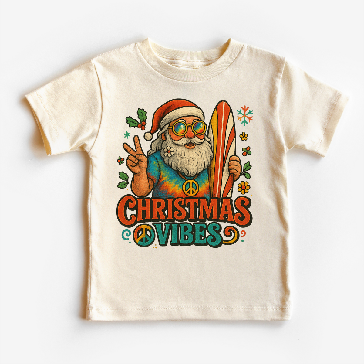 Christmas Vibes Surfing Santa design on a natural garment.