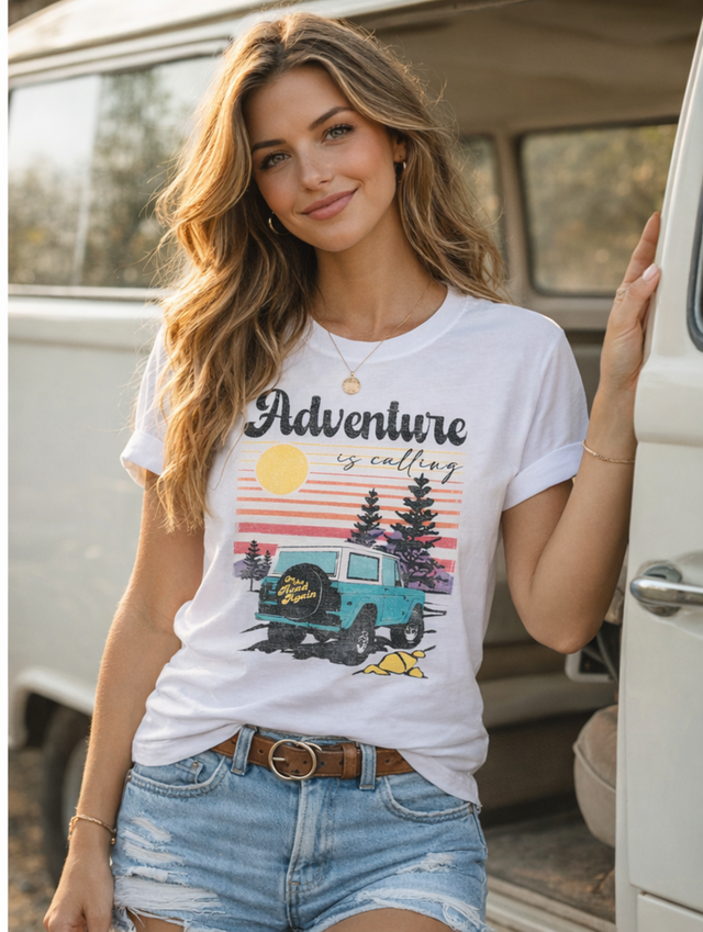 Adventure Is Calling Vintage Graphic Tee – Retro Sunset Shirt – Outdoor Adventure T-Shirt – Ivory Unisex Comfort Colors Style