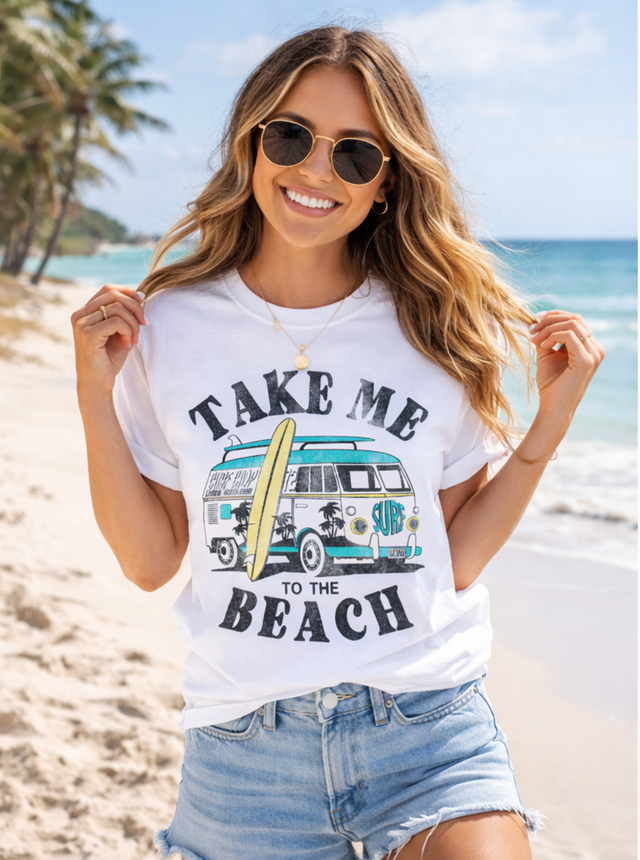 Take Me to the Beach Surf Van Graphic Cofort Color Tee | Vintage Coastal Summer Shirt | Women’s Beach Vibes T-Shirt