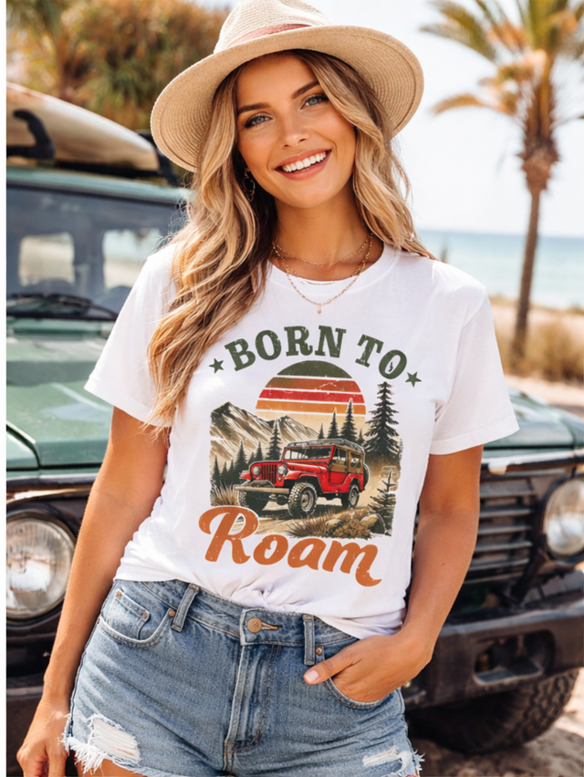 Born to Roam Vintage Graphic Cofort Color Tee | Outdoor Adventure Shirt | Retro Mountain Landscape Tee | Boutique Graphic T-Shirt