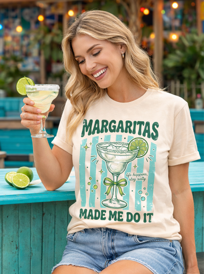 Margaritas Made Me Do It Graphic Tee – Funny Margarita Shirt – Retro Summer Cocktail Tee – Ivory Unisex Comfort Colors Style