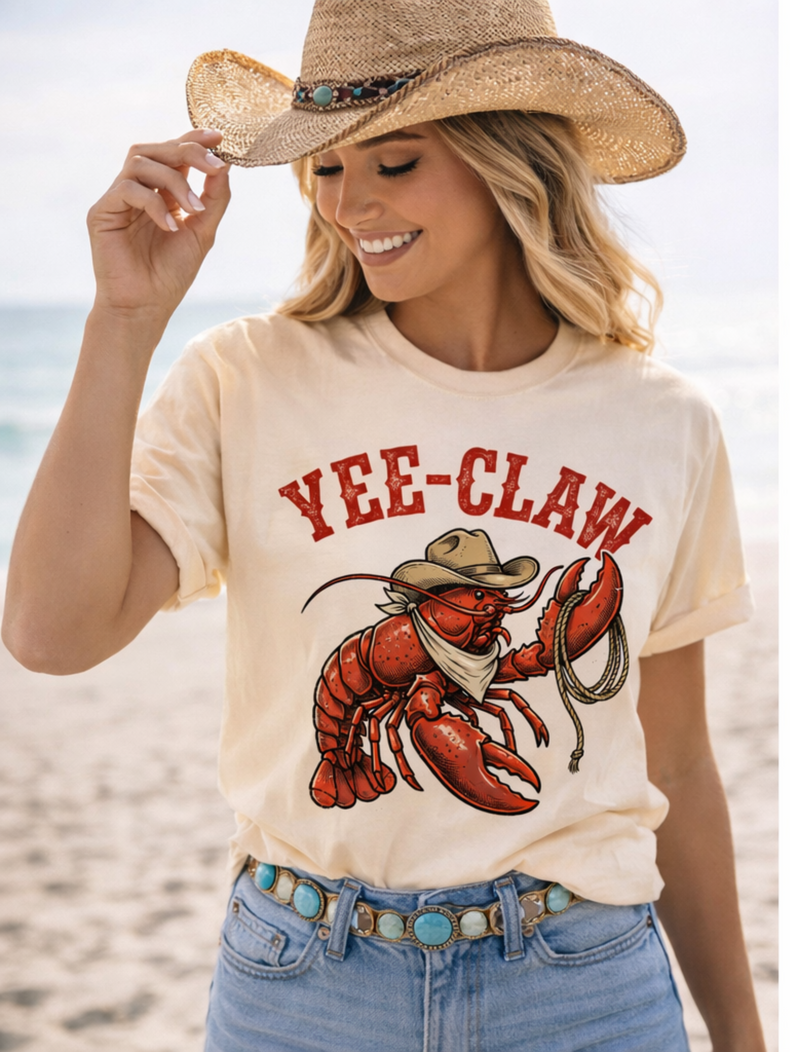 YEE-CLAW Cowgirl Lobster Graphic Comfort Colors Tee – Western Beach Vibes Shirt – Coastal Cowgirl Tee – Funny Southern Summer Shirt