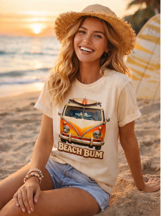 Beach Bum Vintage 70'S Surf Van Graphic Cofort Color Tee | Retro Summer Graphic T-Shirt | Coastal Boutique Boho Style | Unisex Beach Shirt