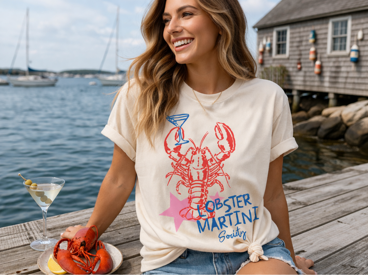 Lobster Martini Society Coastal Graphic Tee – Summer Beach Club Shirt, Nautical Lobster Cocktail Tee, Preppy Vacation Shirt, Boutique Graphic Tee