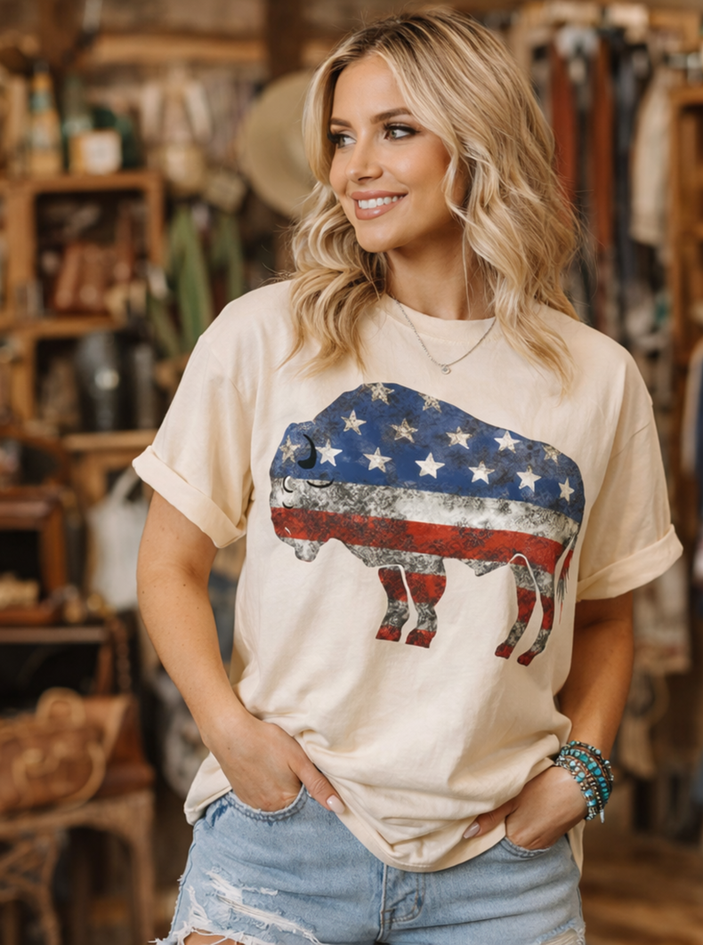 Patriotic Buffalo Graphic Tee – American Flag Bison Shirt – 4th of July Western Tee – USA Vintage Boutique Apparel