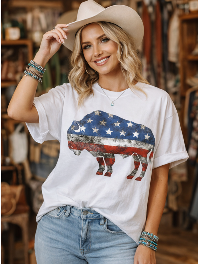 Patriotic Buffalo Graphic Tee – American Flag Bison Shirt – 4th of July Western Tee – USA Vintage Boutique Apparel