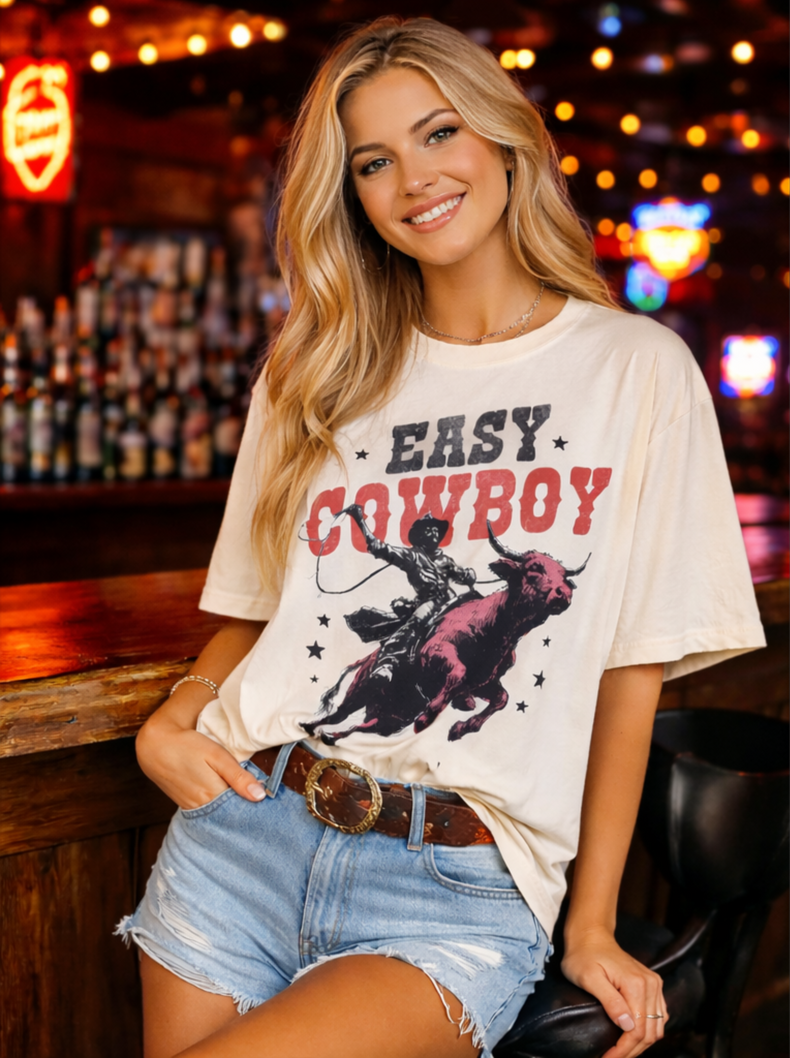 Easy Cowboy Graphic Tee – Vintage Rodeo Shirt – Western Bull Rider T-Shirt – Trendy Cowgirl Boutique Apparel