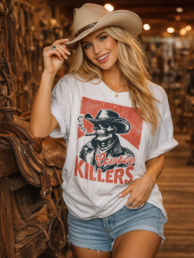Cowboy Killers Graphic Tee – Vintage Western Skull Shirt – Distressed Cowgirl Boutique T-Shirt – Oversized Country Western Graphic Tee