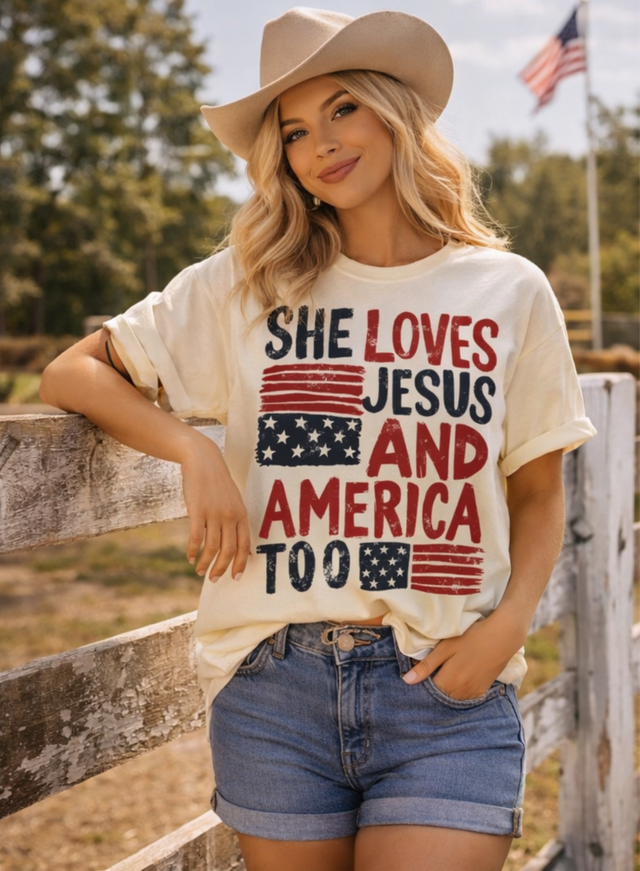 She Loves Jesus and America Too Graphic Tee – Patriotic Faith Shirt – Vintage USA Flag Boutique T-Shirt
