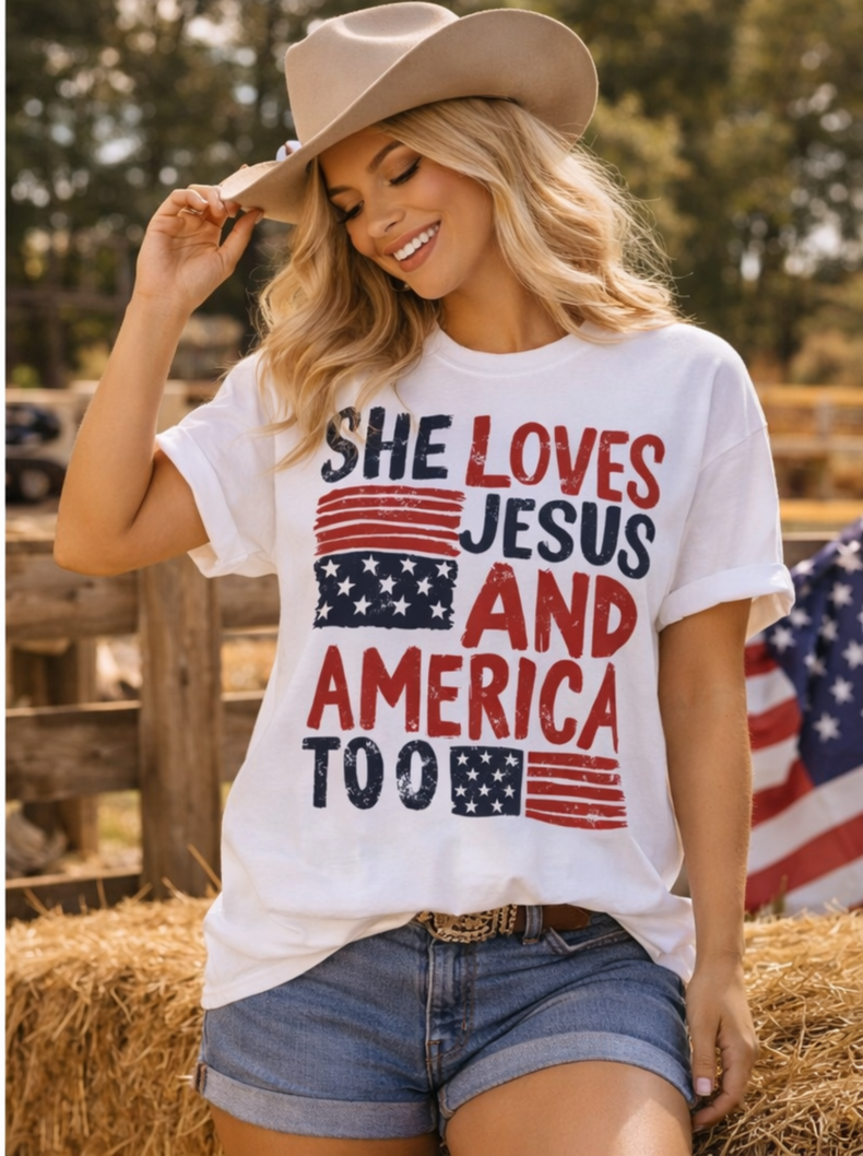 She Loves Jesus and America Too Graphic Tee – Patriotic Faith Shirt – Vintage USA Flag Boutique T-Shirt