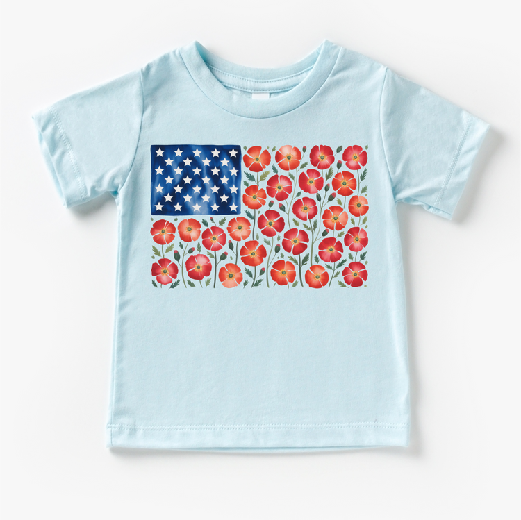 Floral American Flag July 4th Flower Shirt – Patriotic Kids Tee – Red White Blue Flower Shirt – 4th of July Kids Outfit