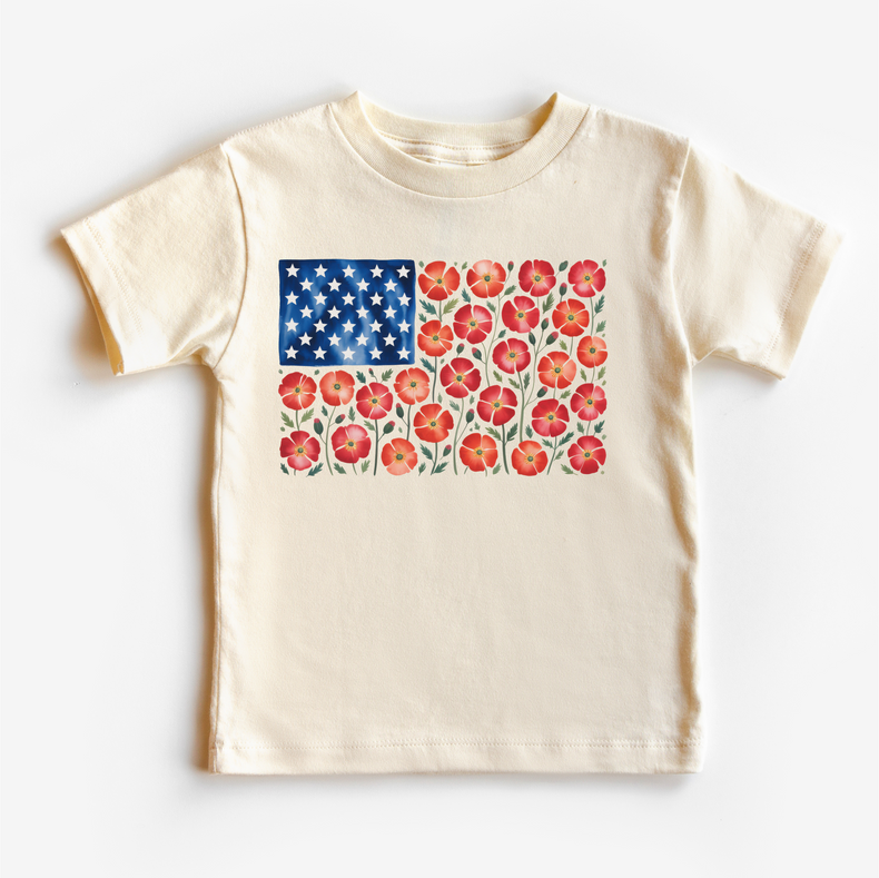 Floral American Flag July 4th Flower Shirt – Patriotic Kids Tee – Red White Blue Flower Shirt – 4th of July Kids Outfit