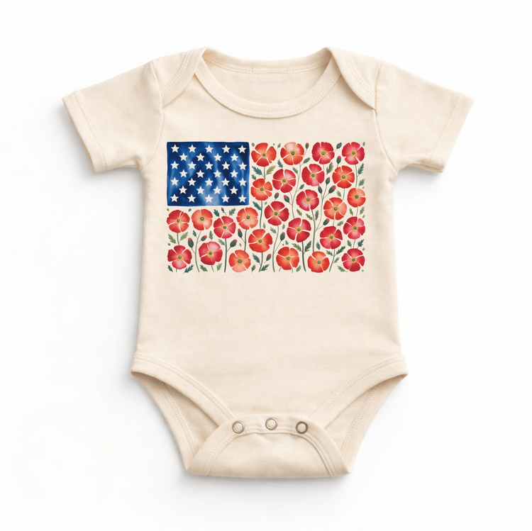 Floral American Flag July 4th Flower Shirt – Patriotic Kids Tee – Red White Blue Flower Shirt – 4th of July Kids Outfit