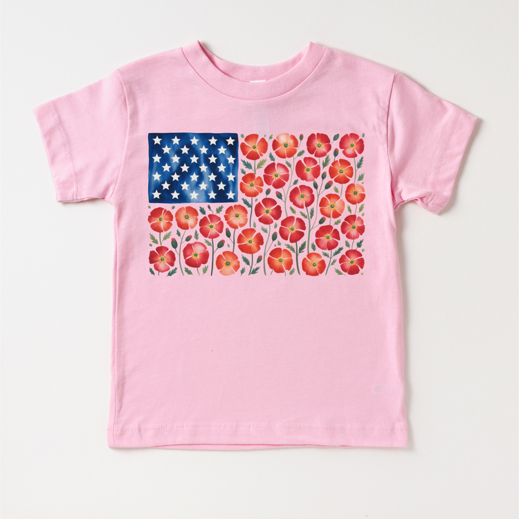 Floral American Flag July 4th Flower Shirt – Patriotic Kids Tee – Red White Blue Flower Shirt – 4th of July Kids Outfit