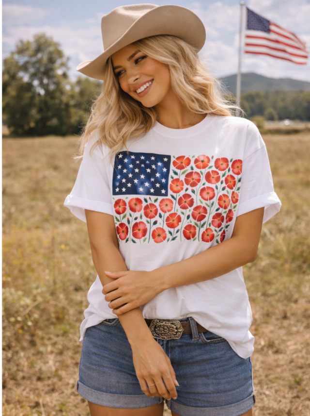 Vintage Floral American Flag T-Shirt | Patriotic Poppy Graphic Tee | Comfort Colors Style | Boutique Wholesale Summer Tee