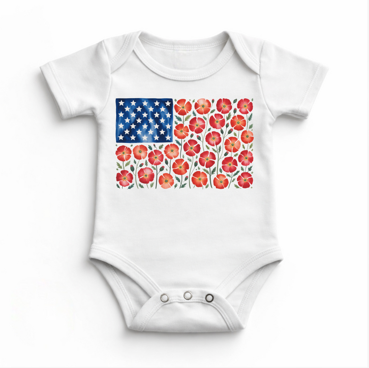 Floral American Flag July 4th Flower Shirt – Patriotic Kids Tee – Red White Blue Flower Shirt – 4th of July Kids Outfit