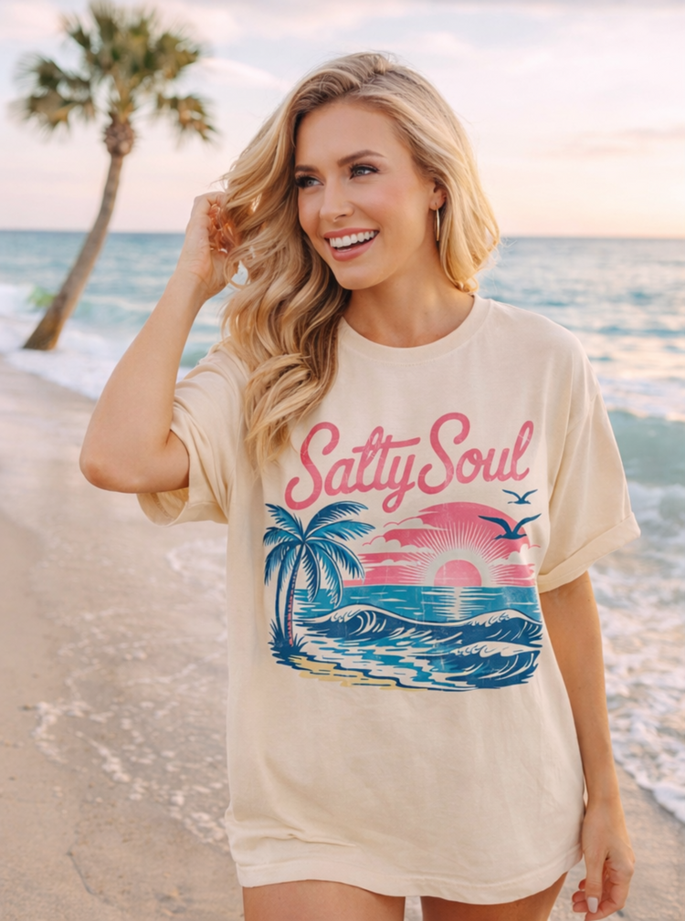 Salty Soul Beach Graphic Tee | Coastal Sunset T-Shirt | Summer Vacation Shirt | Ocean Lover Boutique Tee | Unisex Oversized Fit