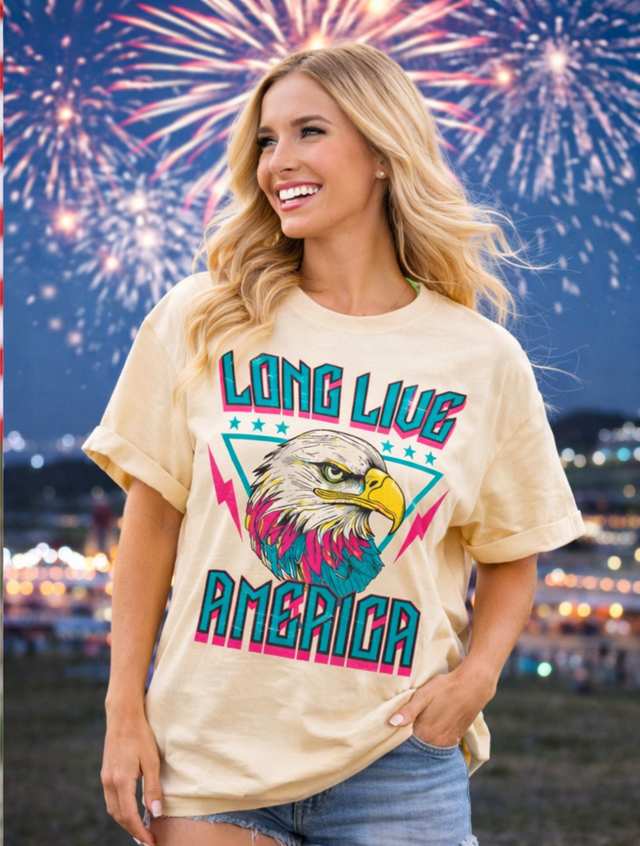 Long Live America Graphic Tee | Patriotic Eagle Shirt | Retro 80s USA T-Shirt | 4th of July Boutique Tee | Unisex Oversized Fit