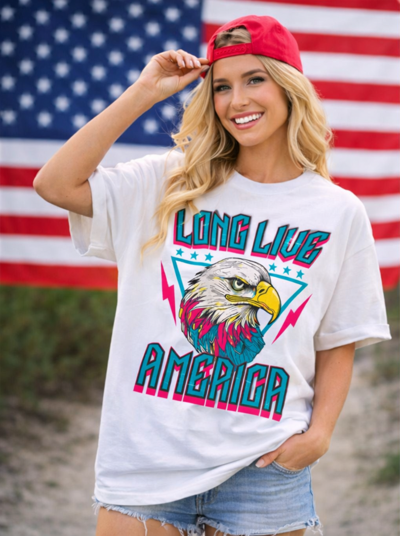 Long Live America Graphic Tee | Patriotic Eagle Shirt | Retro 80s USA T-Shirt | 4th of July Boutique Tee | Unisex Oversized Fit