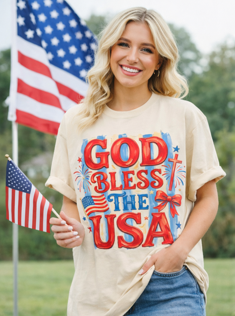 God Bless The USA Graphic Tee | Patriotic Faith Shirt | Christian 4th of July T-Shirt | America Faith-Based Tee | Unisex Oversized Fit
