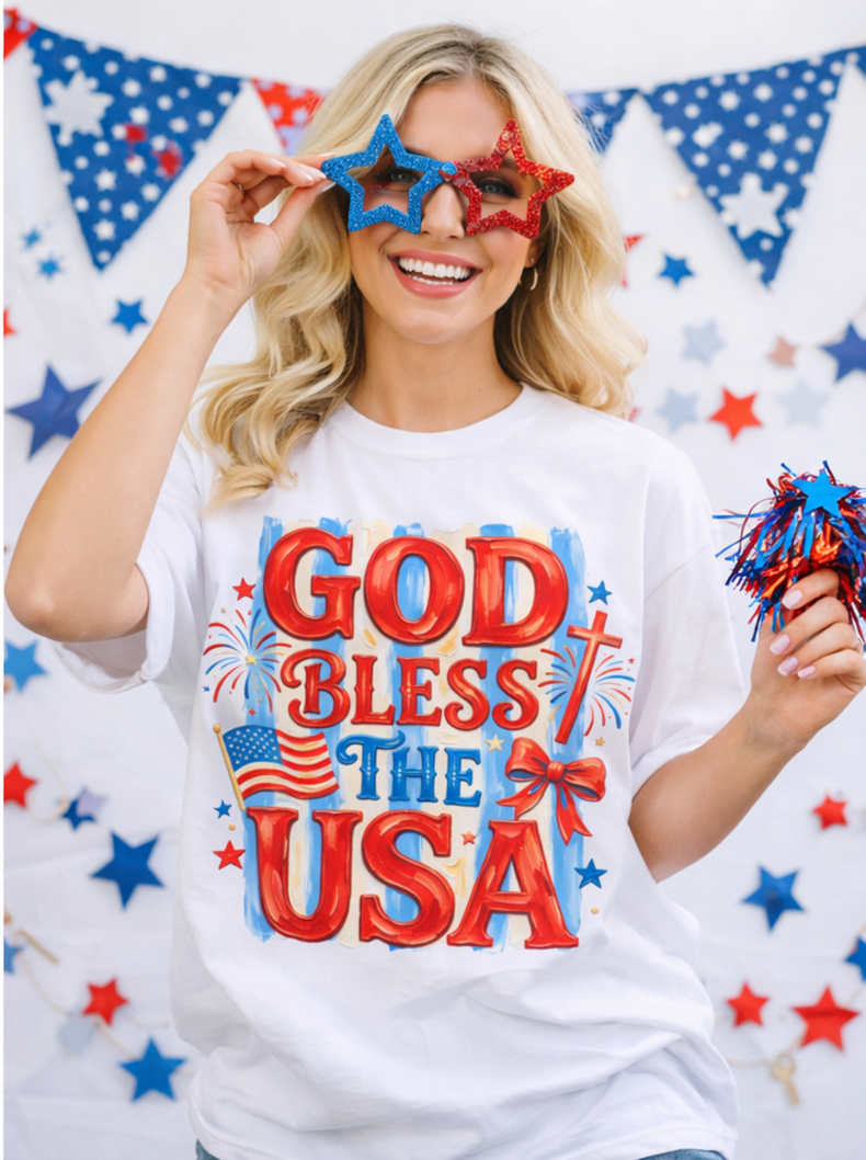 God Bless The USA Graphic Tee | Patriotic Faith Shirt | Christian 4th of July T-Shirt | America Faith-Based Tee | Unisex Oversized Fit