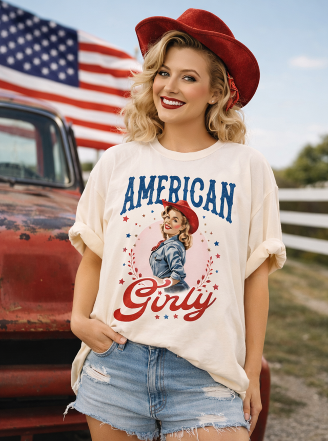 American Girly Graphic Tee | Vintage Cowgirl Patriotic Shirt | Retro Western 4th of July Tee | Americana Boutique T-Shirt | Unisex Oversized Fit