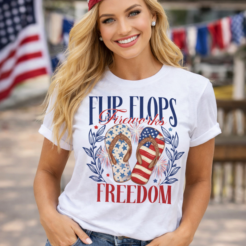 Flip Flops Fireworks Freedom Tee | Patriotic Summer Graphic Shirt | 4th of July Beach T-Shirt | Americana Boutique Tee | Unisex Oversized Fit