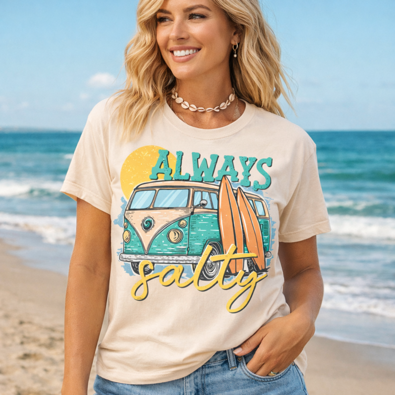 Always Salty Beach Graphic Tee | Retro Surf Van Shirt | Coastal Summer T-Shirt | Vacation Vibes Boutique Tee | Unisex Oversized Fit