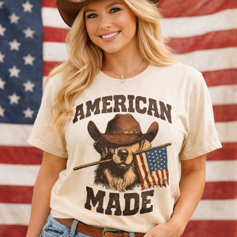 American Made Cowboy Dog Graphic Tee – Patriotic Western Shirt – USA Dog Graphic Tee – Vintage Americana Tee