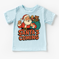 Santa Is Coming Kids Christmas design on a blue garment.