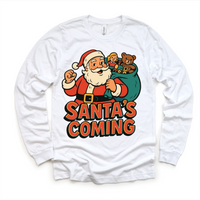 Santa Is Coming Kids Christmas design on a long sleeve shirt.