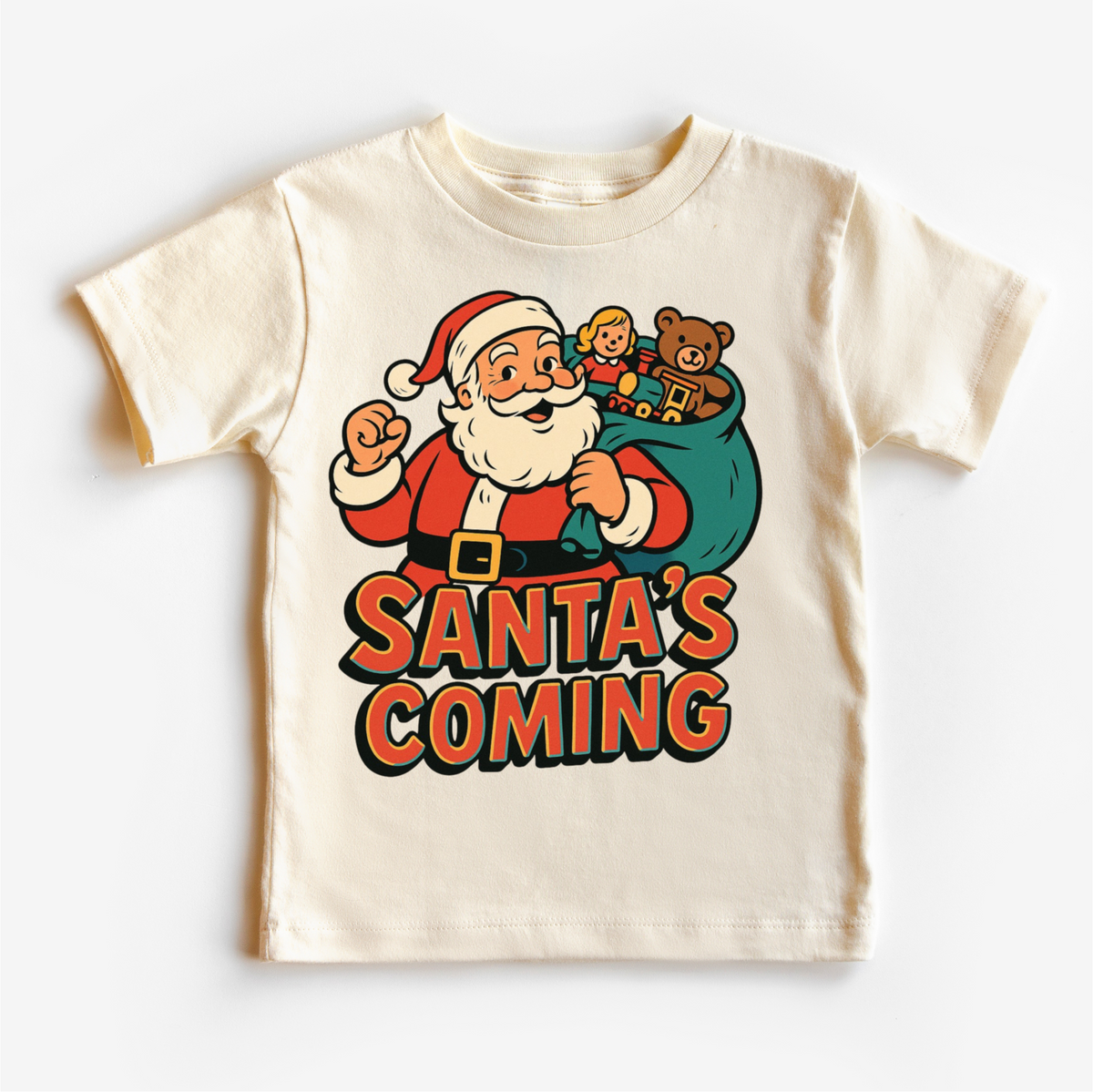 Santa Is Coming Kids Christmas design on a natural garment.