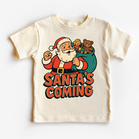 Santa Is Coming Kids Christmas design on a natural garment.