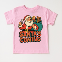 Santa Is Coming Kids Christmas design on a pink garment.