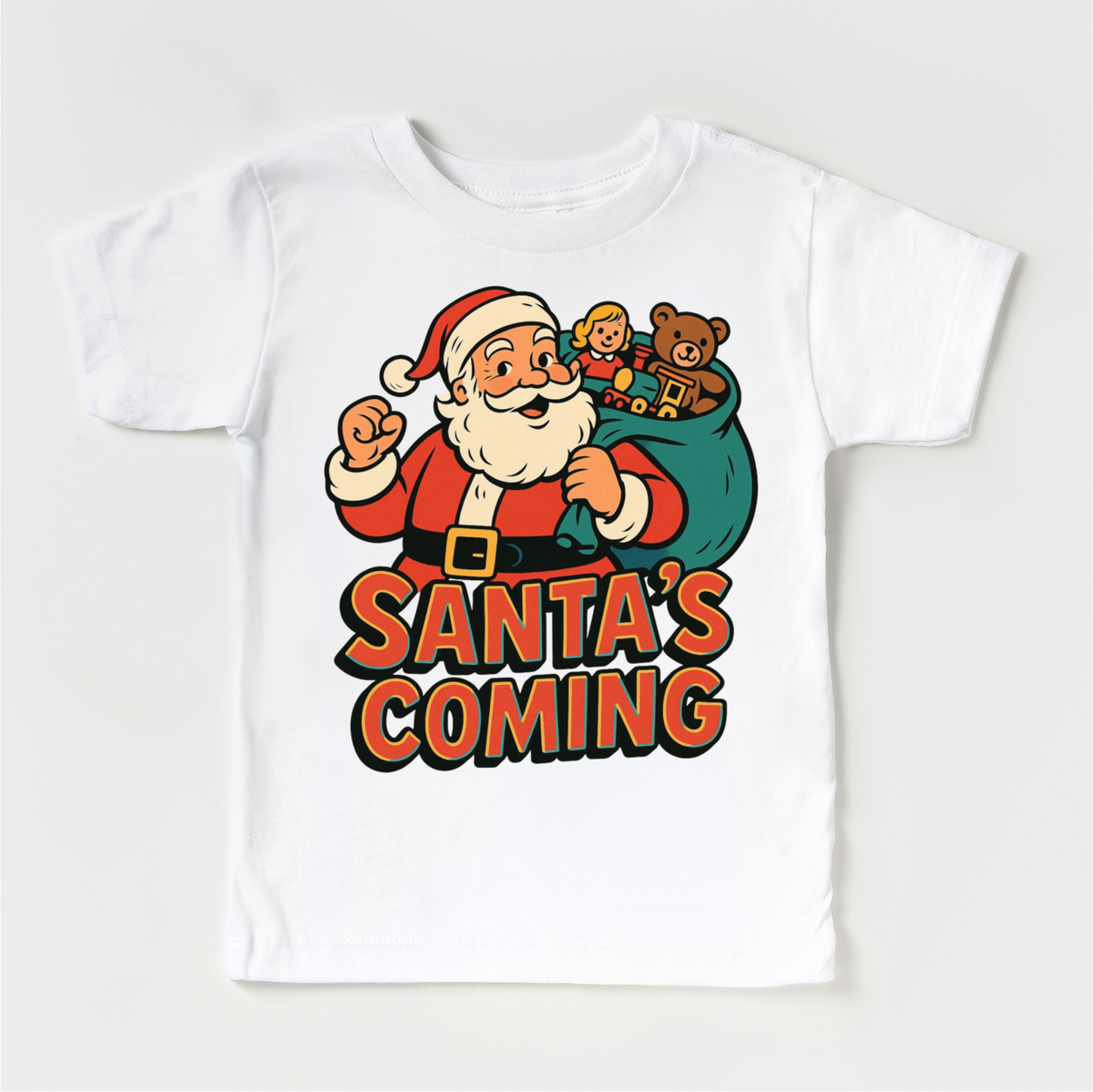 Santa Is Coming Kids Christmas design on a white garment.