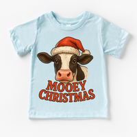 Mooey Christmas Country Cow design on a blue garment.