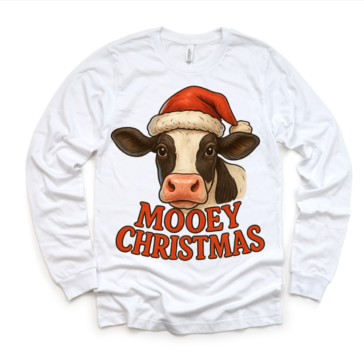 Mooey Christmas Country Cow design on a long sleeve shirt.
