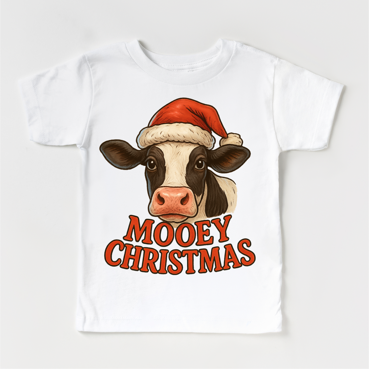 Mooey Christmas Country Cow design on a white garment.