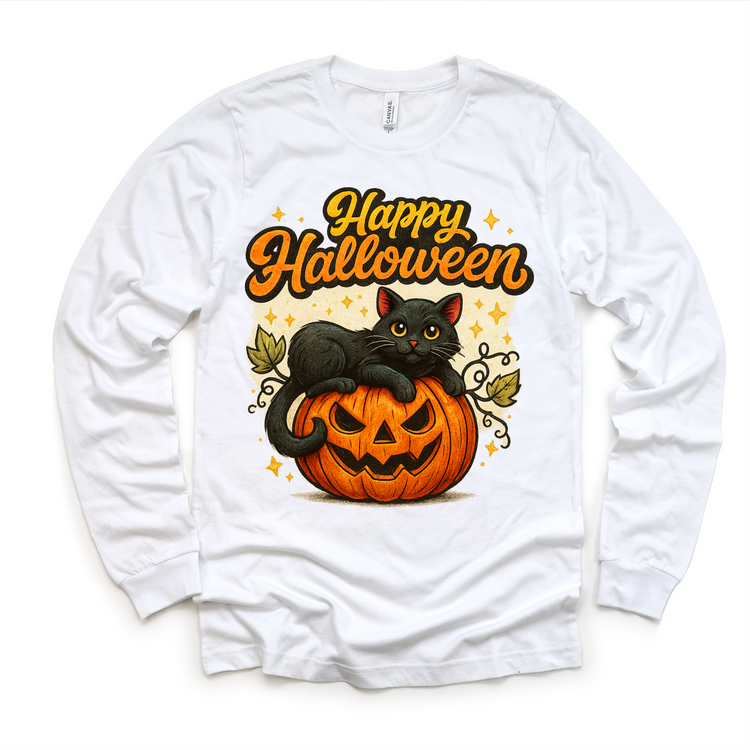 Happy Halloween Black Cat and Jack O Lantern Shirt - Halloween Tee