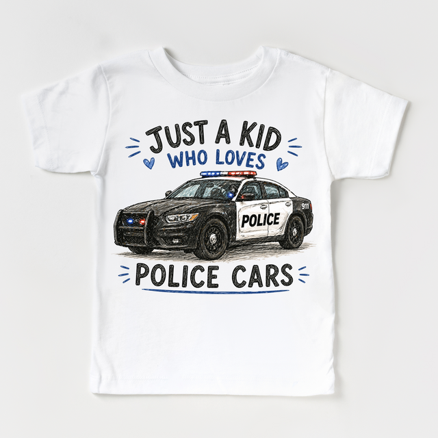 Just a Kid Who Loves Police Cars Kids Graphic T-Shirt | Police Car Tee for Boys & Girls