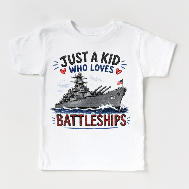 Just a Kid Who Loves Battleships Kids Graphic T-Shirt | Patriotic Navy Ship Tee for Boys & Girls