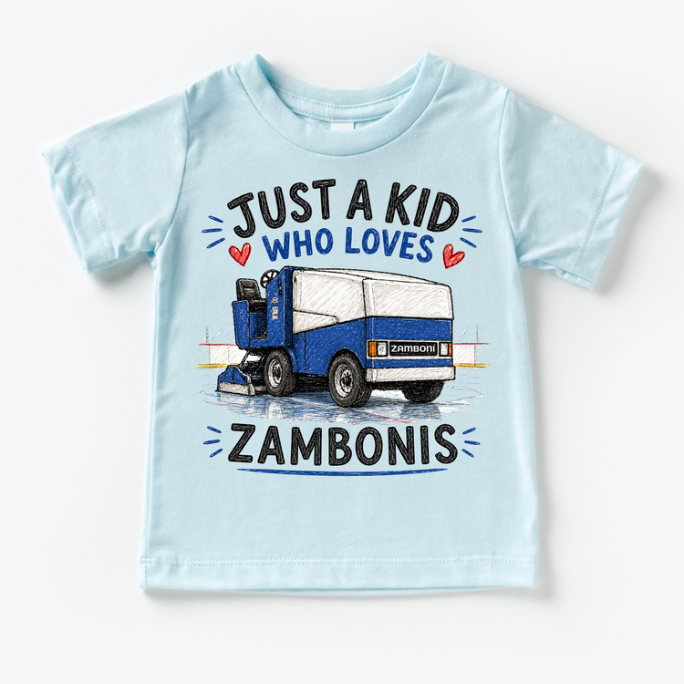 Just a Kid Who Loves Zambonis Kids Graphic T-Shirt | Ice Rink Machine Tee for Boys & Girls