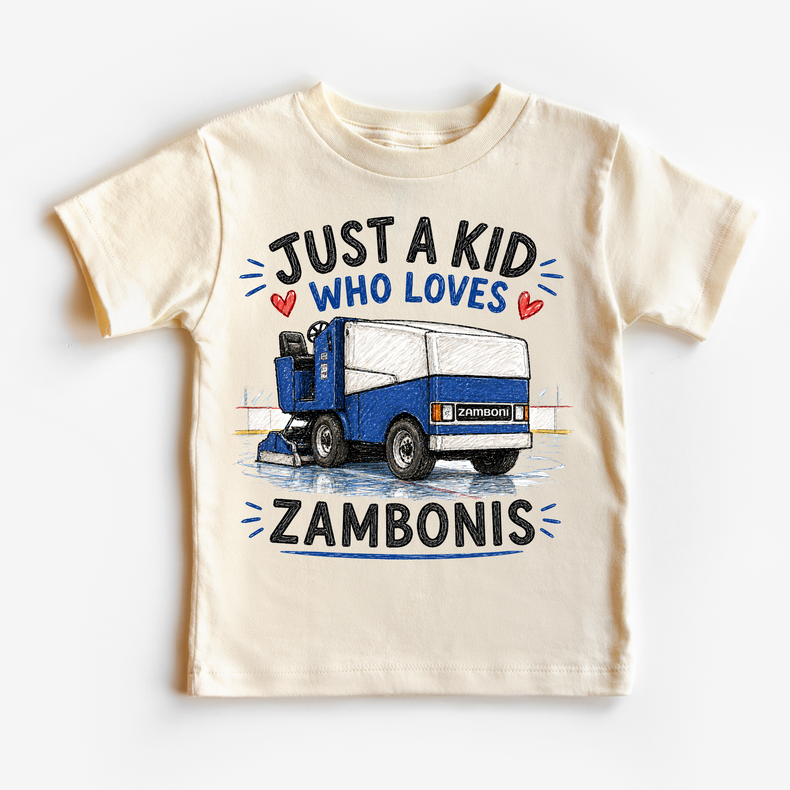 Just a Kid Who Loves Zambonis Kids Graphic T-Shirt | Ice Rink Machine Tee for Boys & Girls