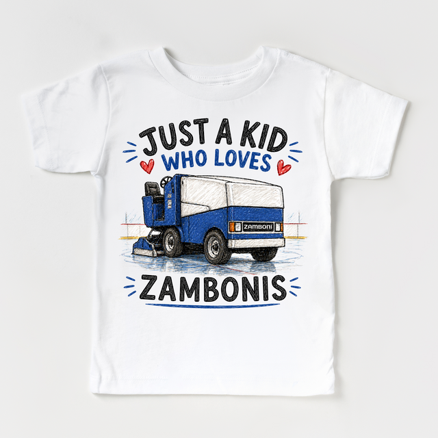 Just a Kid Who Loves Zambonis Kids Graphic T-Shirt | Ice Rink Machine Tee for Boys & Girls